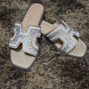 Madden Girl Beige Pearl & Beaded Slide Sandals
